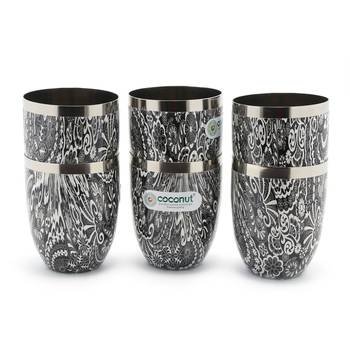 Coconut Stainless Steel  Printed Designer Black and White Water/ Tumbler Pack of 6 Glasses 1