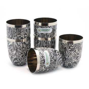 Coconut Stainless Steel  Printed Designer Black and White Water/ Tumbler Pack of 6 Glasses 2