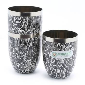 Coconut Stainless Steel  Printed Designer Black and White Water Glass/ Tumbler Pack of 3 Glasses 2