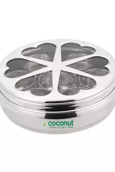 Coconut Stainless Steel Flora Spice Container/Masala Box with 7 Bowls Diamater-  19 Cm
