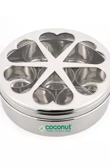 Coconut Stainless Steel Flora Indian Spice Container/Masala Box with 7 Bowls ( Round Shaped)