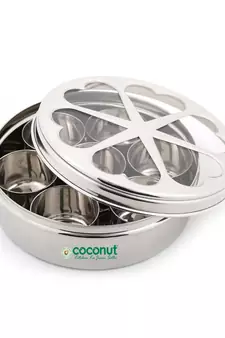 Coconut Stainless Steel Flora Indian Spice Container/Masala Box with 7 Bowls ( Round Shaped)