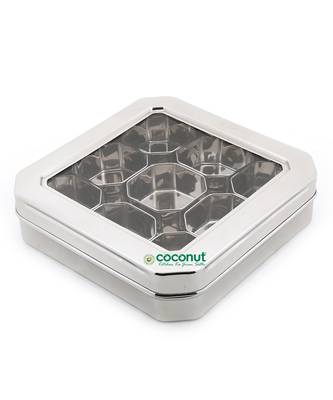 Coconut Stainless Steel Square Masala Box C Thru Masala Box with 9 Bowls - Diamater - 24.5 CM 1
