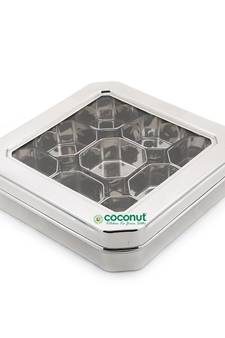 Coconut Stainless Steel Square Masala Box C Thru Masala Box with 9 Bowls - Diamater - 24.5 CM