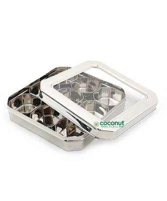 Coconut Stainless Steel Square Masala Box C Thru Masala Box with 9 Bowls - Diamater - 24.5 CM 2