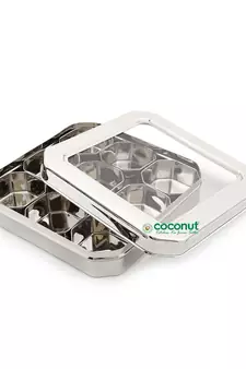 Coconut Stainless Steel Square Masala Box C Thru Masala Box with 9 Bowls - Diamater - 24.5 CM