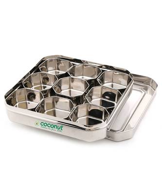 Coconut Stainless Steel Square Masala Box C Thru Masala Box with 9 Bowls - Diamater - 24.5 CM 3