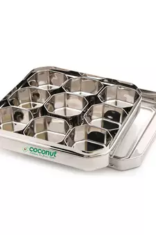 Coconut Stainless Steel Square Masala Box C Thru Masala Box with 9 Bowls - Diamater - 24.5 CM
