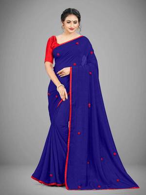 Blue Saree With Blouse And Pompom Work 1