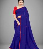 Blue Saree With Blouse And Pompom Work
