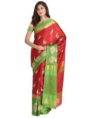 Women's  Red Cotton Silk Foil Printed saree with blouse piece 1