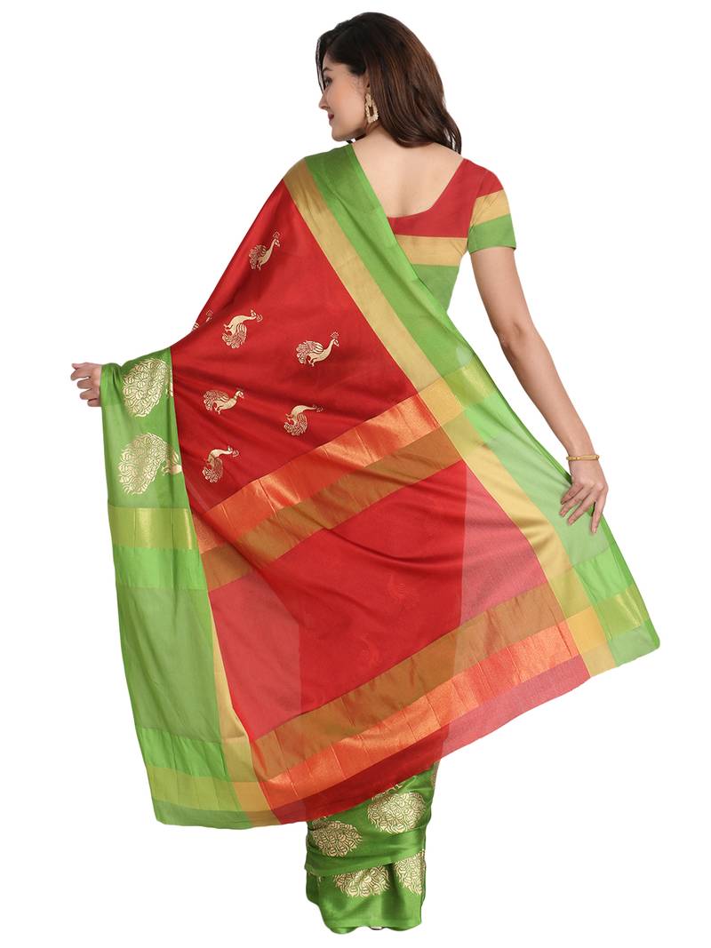 Women's  Red Cotton Silk Foil Printed saree with blouse piece