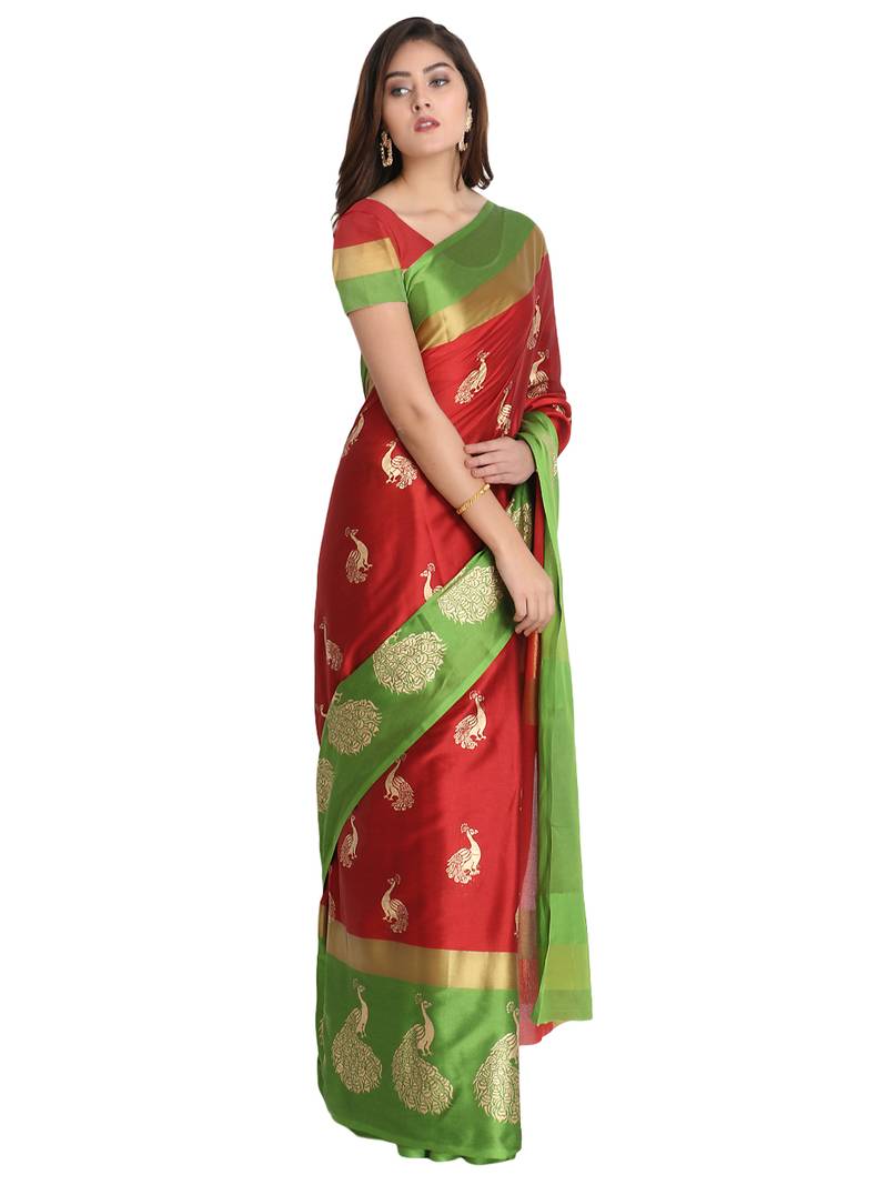 Women's  Red Cotton Silk Foil Printed saree with blouse piece