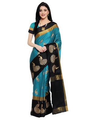 Women's  turquoise Cotton Silk Foil Printed saree with blouse piece 1