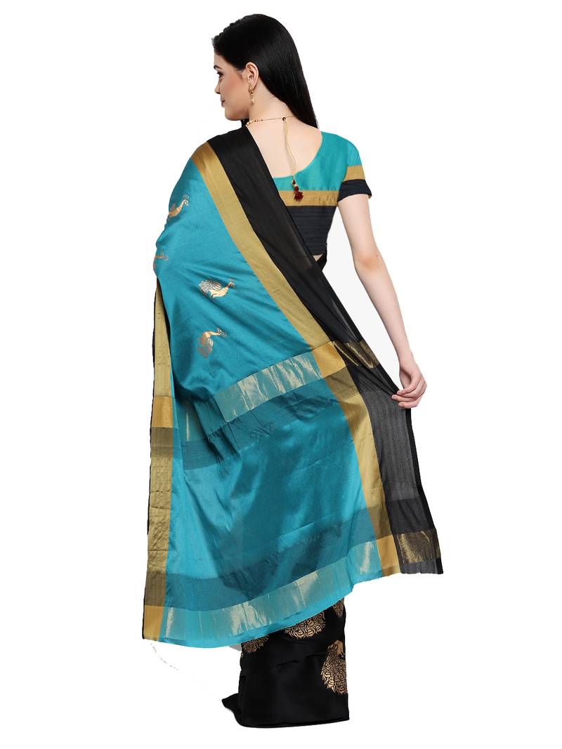Women's  turquoise Cotton Silk Foil Printed saree with blouse piece