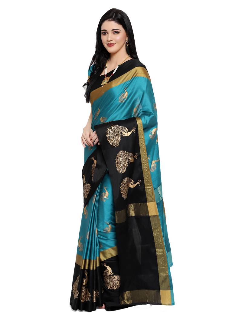 Women's  turquoise Cotton Silk Foil Printed saree with blouse piece
