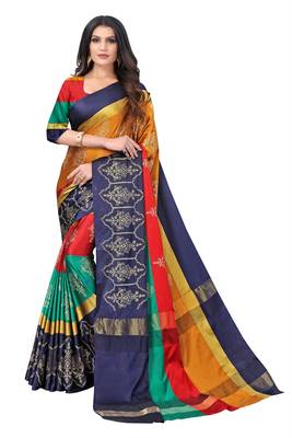 Women's  Blue Cotton Silk Foil Printed saree with blouse piece 1