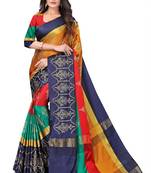 Women's  Blue Cotton Silk Foil Printed saree with blouse piece