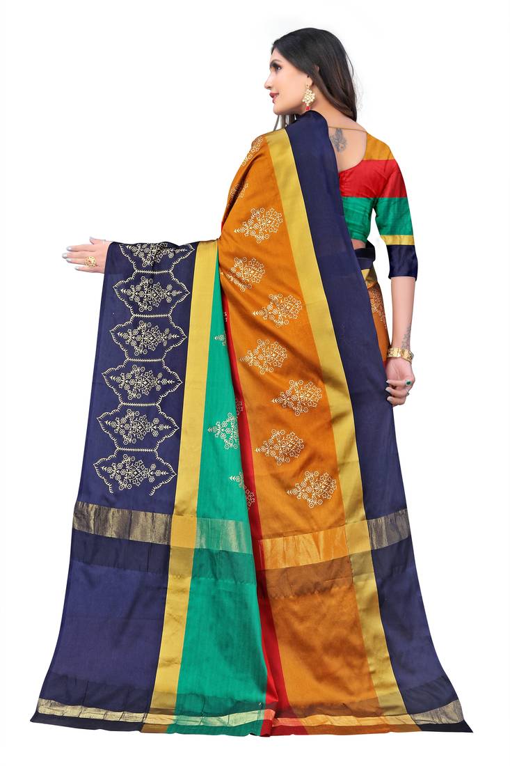 Women's  Blue Cotton Silk Foil Printed saree with blouse piece