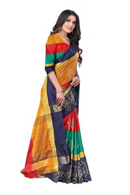 Women's  Blue Cotton Silk Foil Printed saree with blouse piece 3