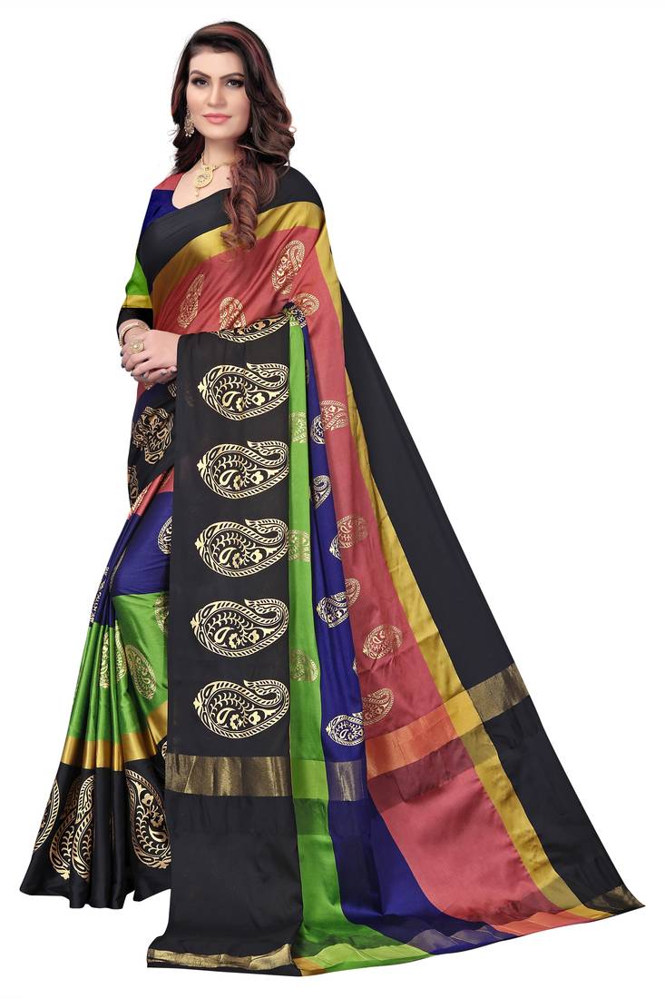 Women's  multicolor Cotton Silk Foil Printed saree with blouse piece