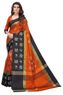 Women's  Orange Cotton Silk Foil Printed saree with blouse piece 1