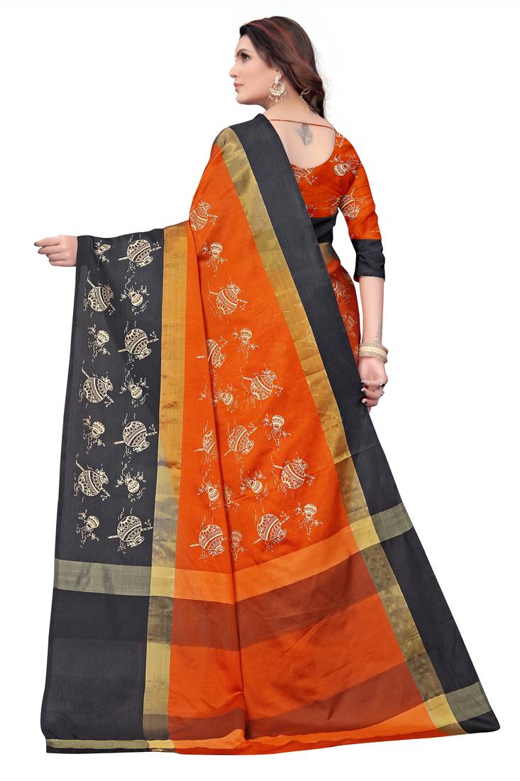 Women's  Orange Cotton Silk Foil Printed saree with blouse piece