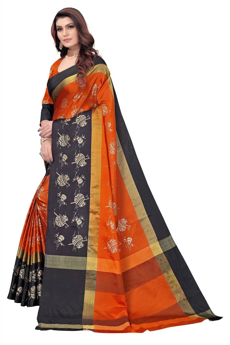Women's  Orange Cotton Silk Foil Printed saree with blouse piece