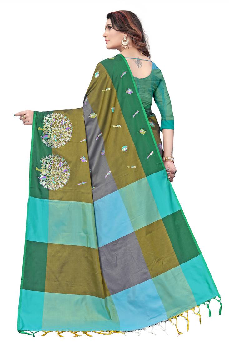 Women's  Green Cotton Silk Foil Printed saree with blouse piece