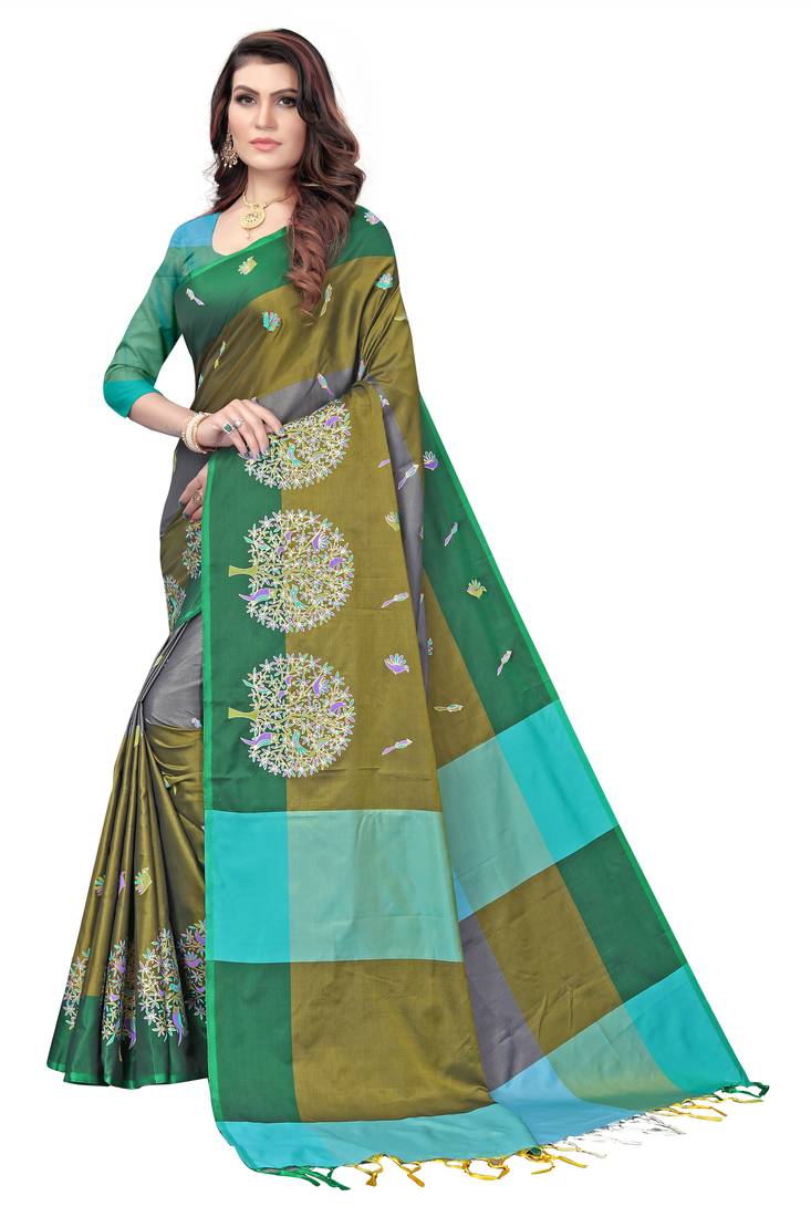Women's  Green Cotton Silk Foil Printed saree with blouse piece