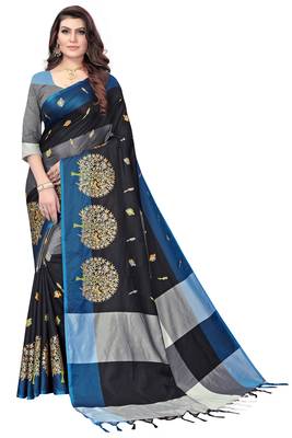 Women's  Black Cotton Silk Foil Printed saree with blouse piece 1