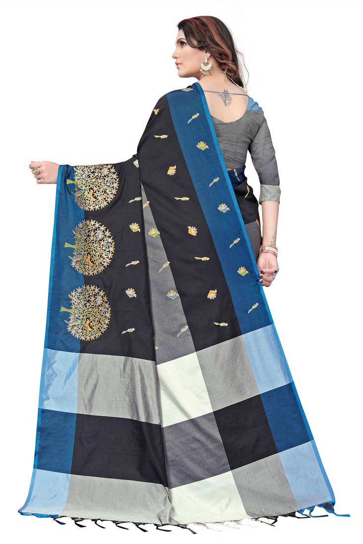 Women's  Black Cotton Silk Foil Printed saree with blouse piece