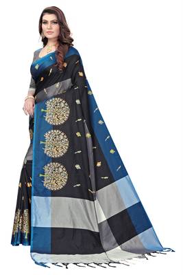 Women's  Black Cotton Silk Foil Printed saree with blouse piece 3