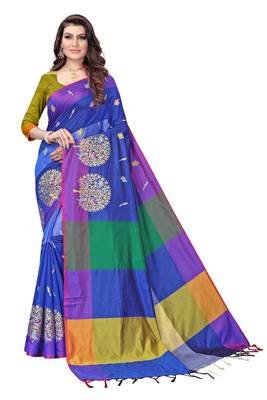 Women's  Blue Cotton Silk Foil Printed saree with blouse piece 1