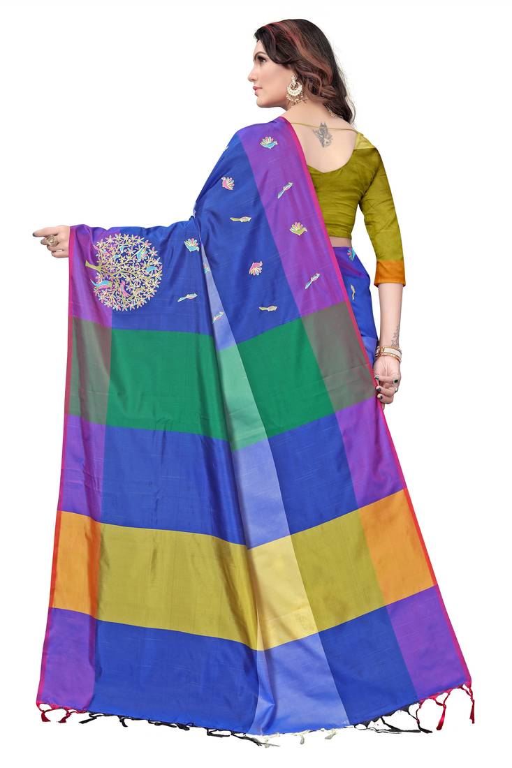 Women's  Blue Cotton Silk Foil Printed saree with blouse piece