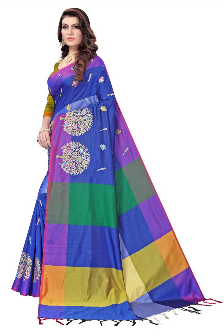 Women's  Blue Cotton Silk Foil Printed saree with blouse piece