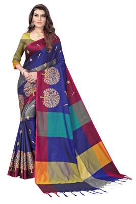 Women's  Blue Cotton Silk Foil Printed saree with blouse piece 1