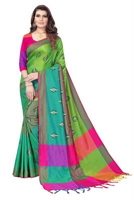 Women's  Green Cotton Silk Foil Printed saree with blouse piece 1