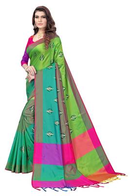 Women's  Green Cotton Silk Foil Printed saree with blouse piece 3