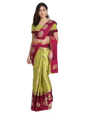 Women's  Yellow Cotton Silk Foil Printed saree&Havey Belt with blouse piece 1