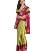 Women's  Yellow Cotton Silk Foil Printed saree&Havey Belt with blouse piece