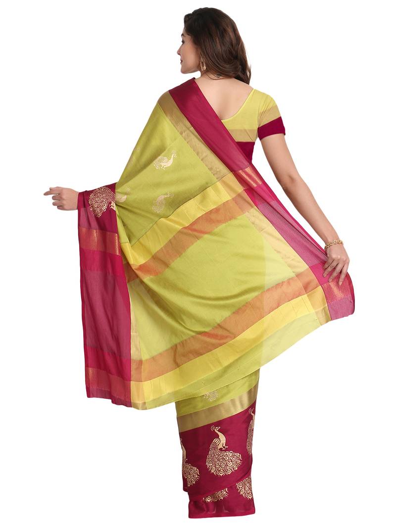 Women's  Yellow Cotton Silk Foil Printed saree&Havey Belt with blouse piece