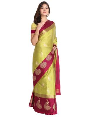 Women's  Yellow Cotton Silk Foil Printed saree&Havey Belt with blouse piece 3