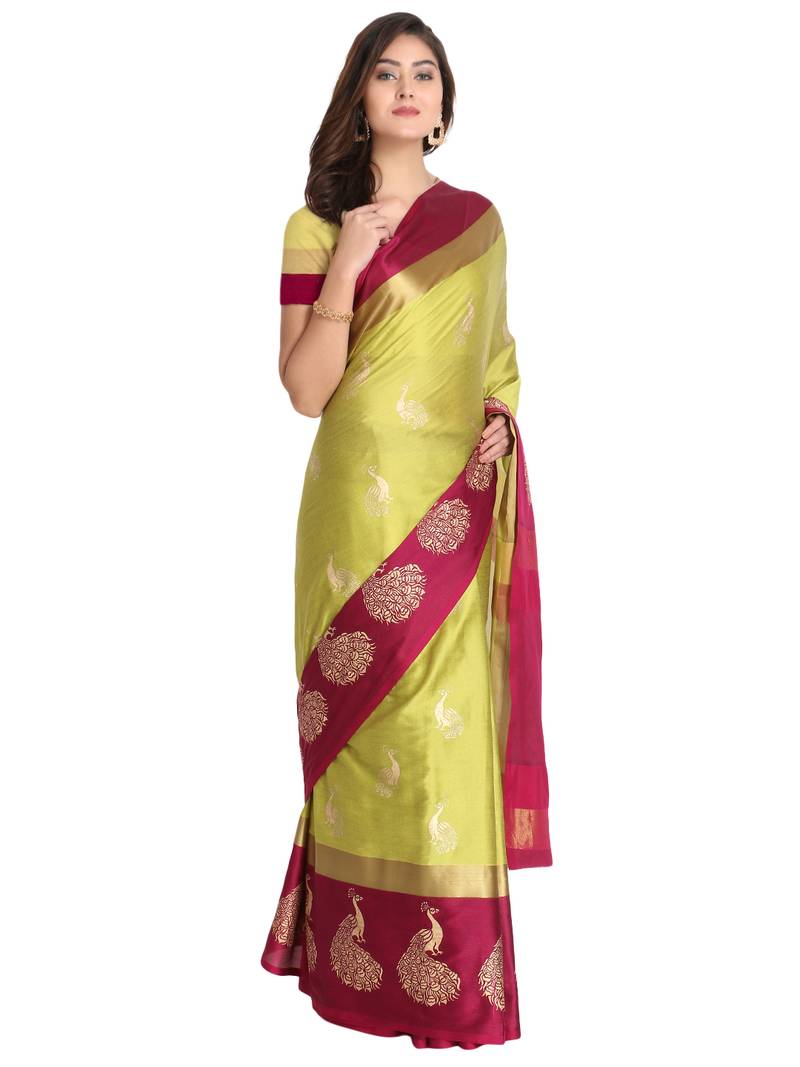 Women's  Yellow Cotton Silk Foil Printed saree&Havey Belt with blouse piece