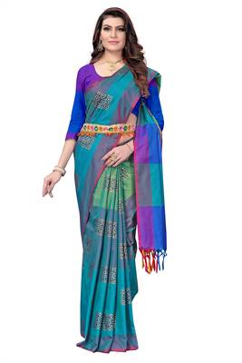 Women's  Blue Cotton Silk Foil Printed saree&Havey Belt with blouse piece 1