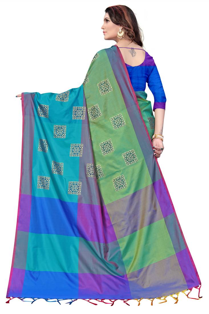 Women's  Blue Cotton Silk Foil Printed saree&Havey Belt with blouse piece