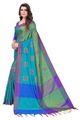 Women's  Blue Cotton Silk Foil Printed saree&Havey Belt with blouse piece 3