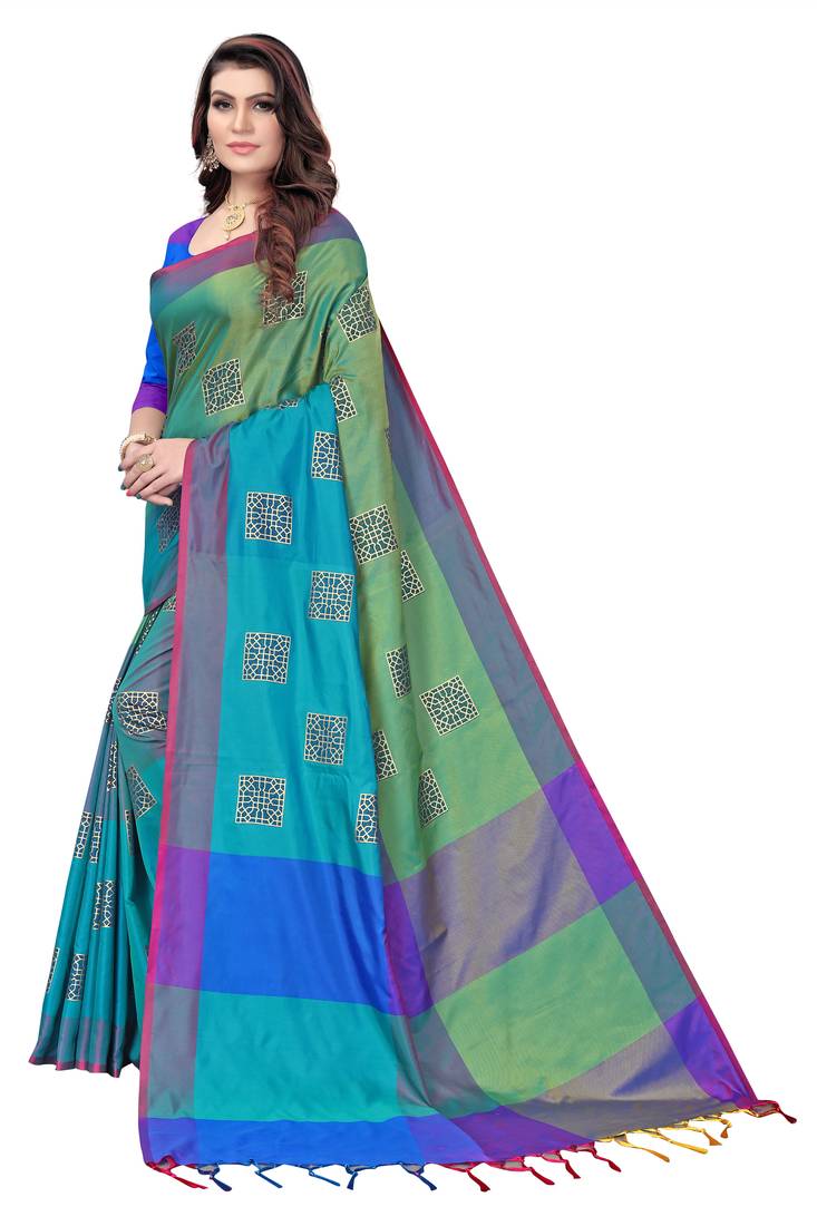 Women's  Blue Cotton Silk Foil Printed saree&Havey Belt with blouse piece
