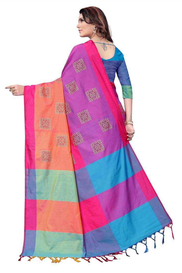 Women's  Pink Cotton Silk Foil Printed saree&Havey Belt with blouse piece