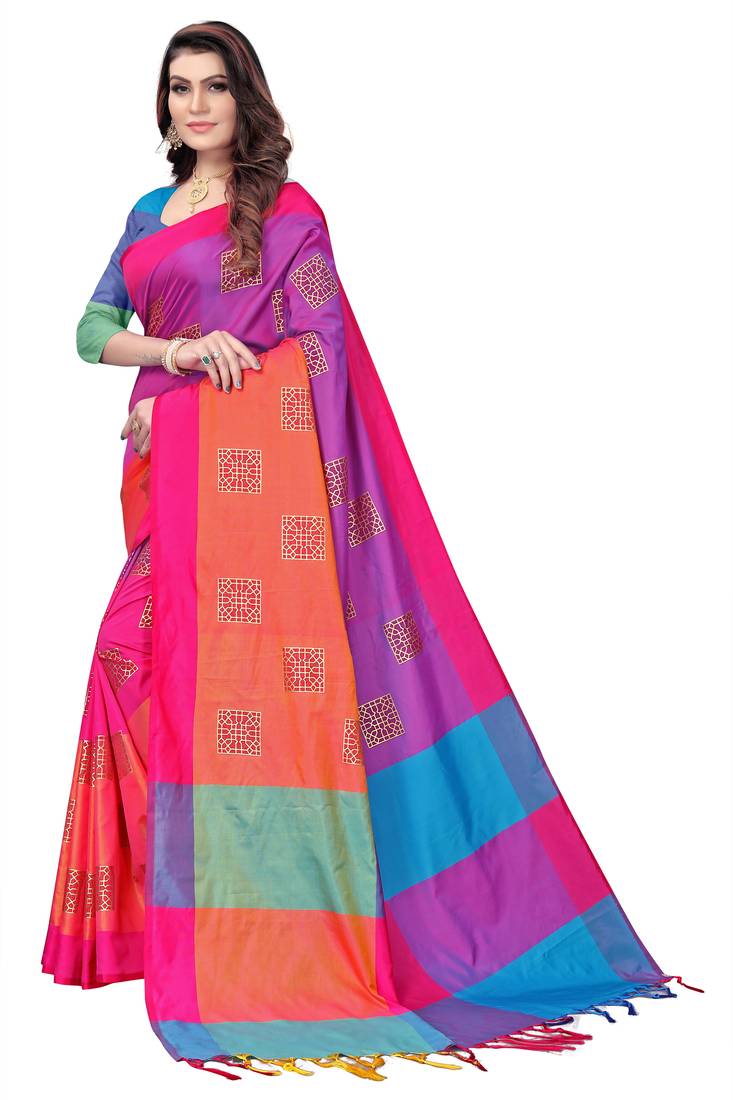 Women's  Pink Cotton Silk Foil Printed saree&Havey Belt with blouse piece